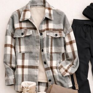 Plaid Shacket in Cozy Gray and Brown - Women's Small